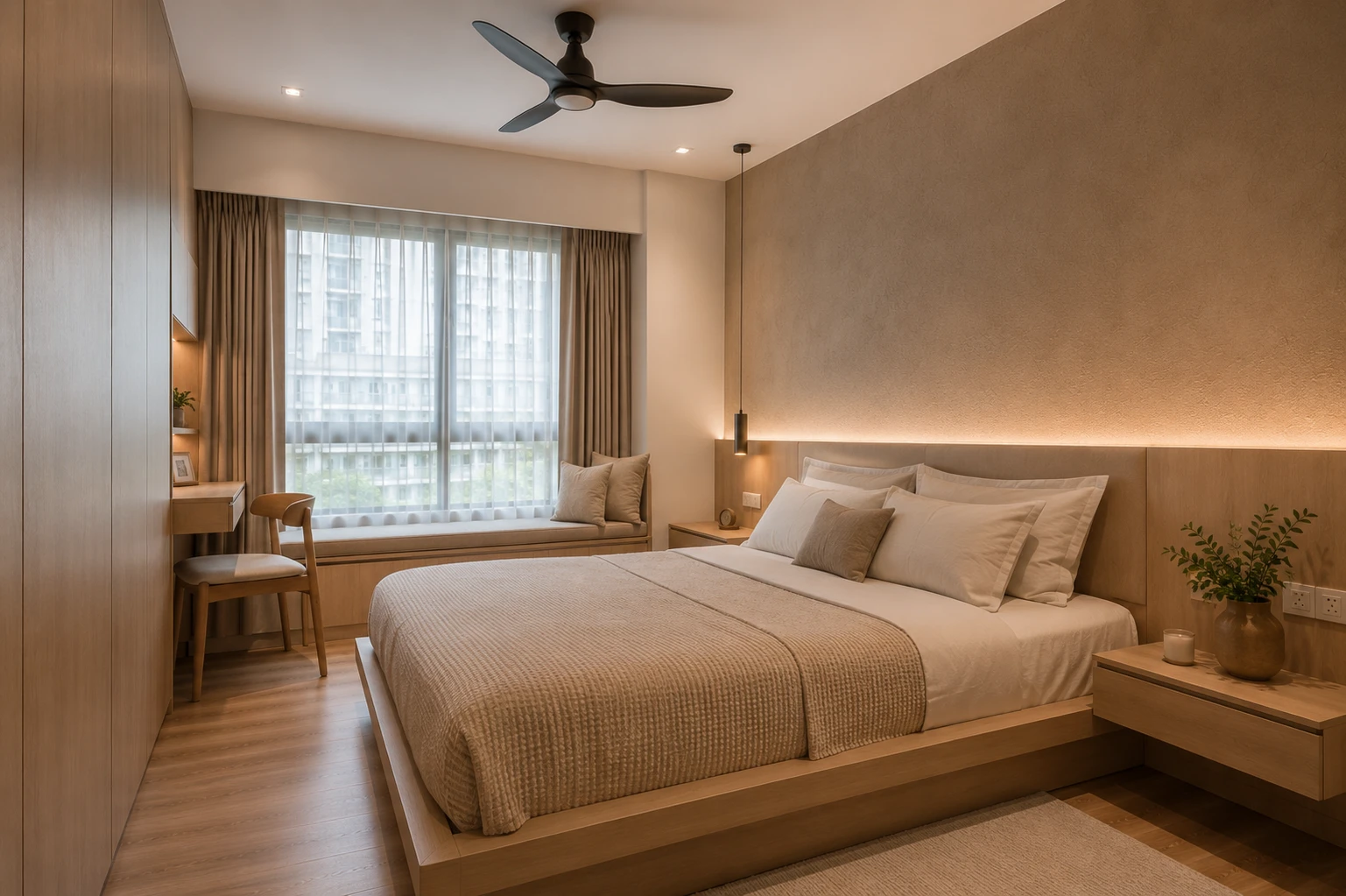 Japandi master bedroom for Singapore HDB renovation with soft lighting and oak carpentry